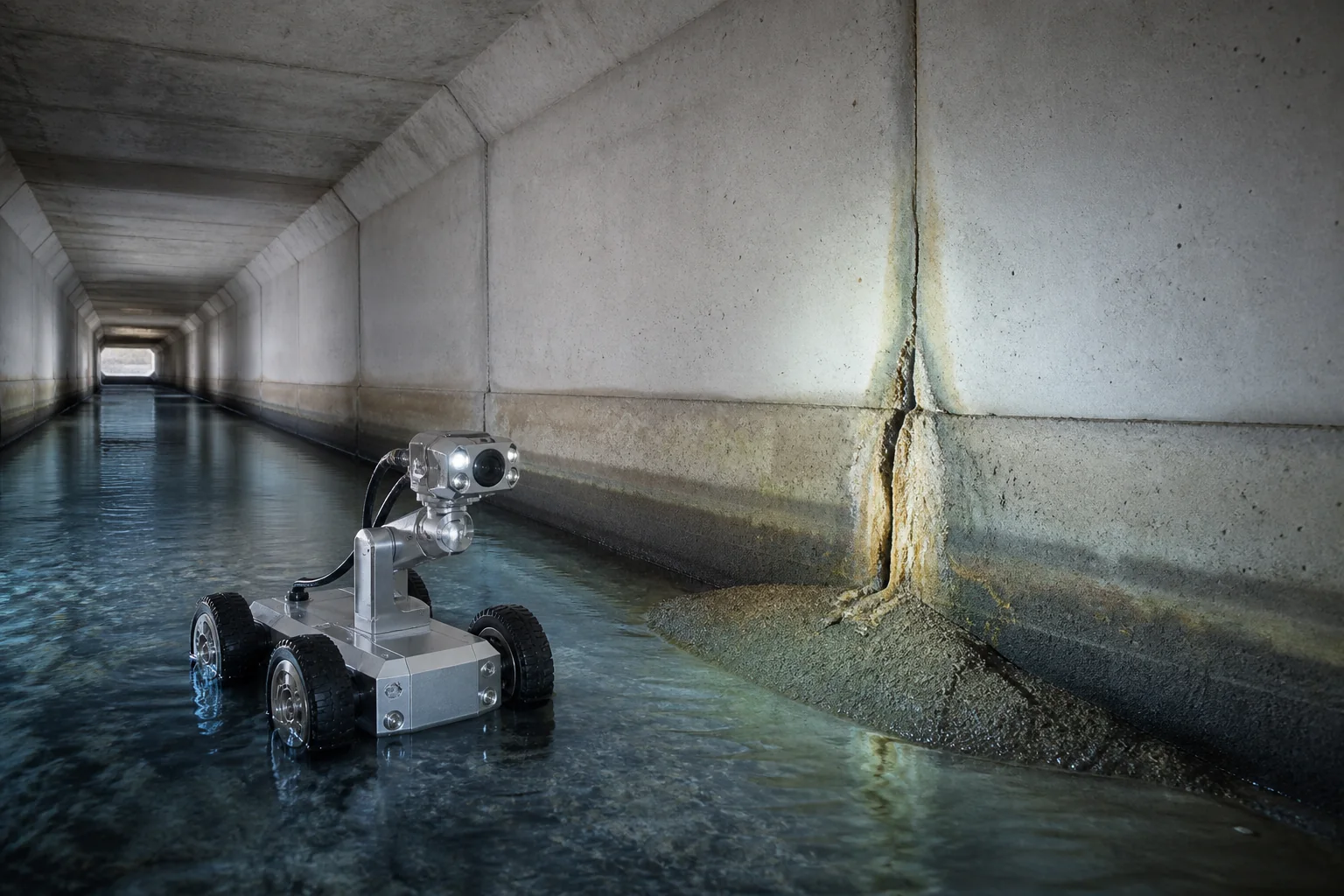 Robô realizando inspeção visual em galeria pluvial